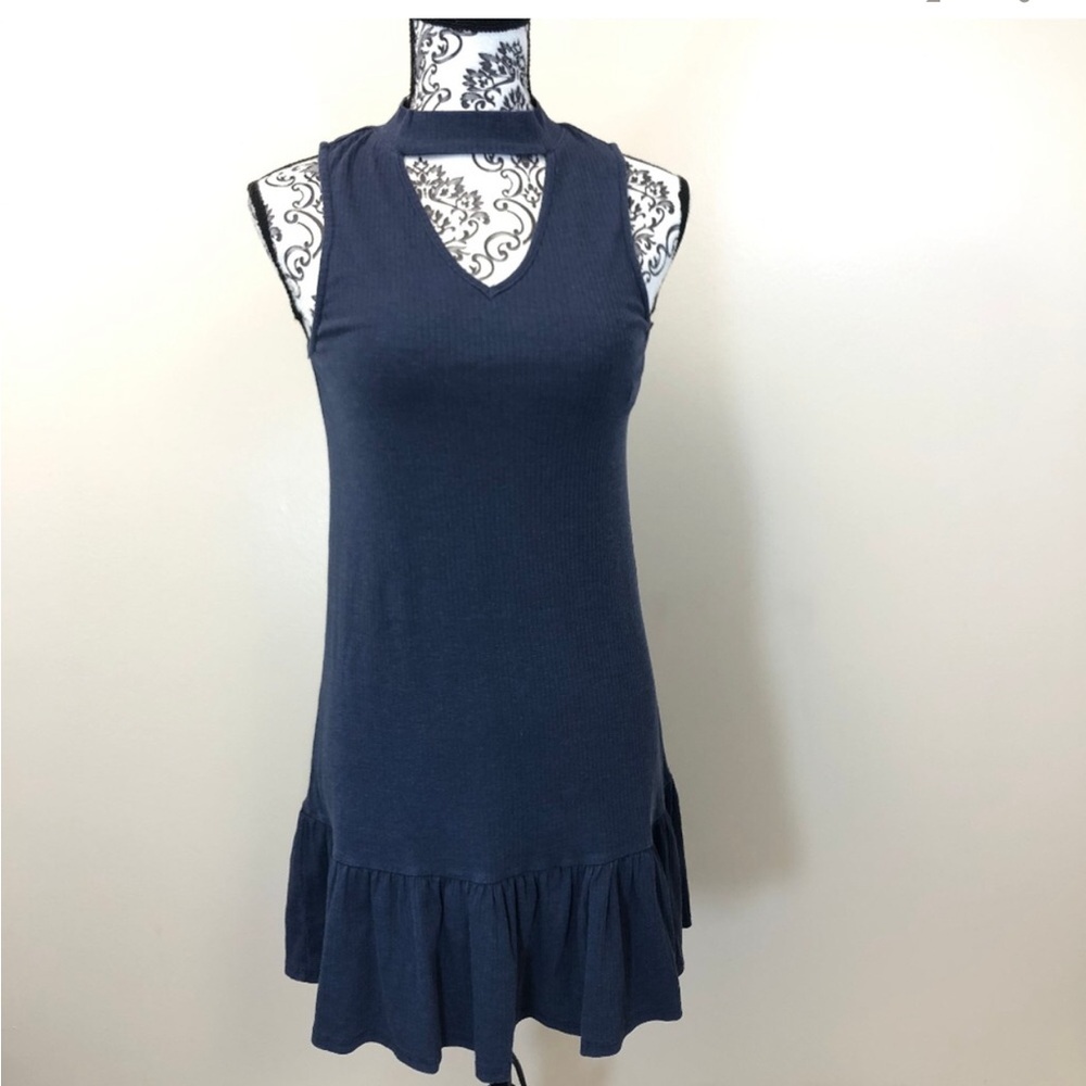 True Craft Rib Knit Choker Neck Dress Indigo